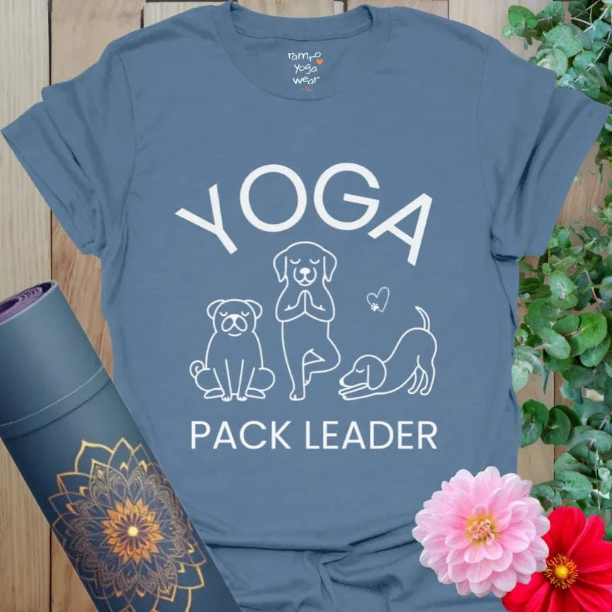 Indigo Blue Pack Leader T-Shirt with dog pack yoga design. Unique yoga shirt for dog-friendly lifestyles.