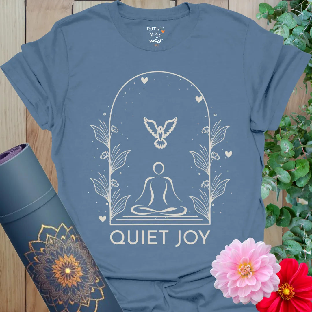 Indigo Blue Quiet Joy T-Shirt with line art of meditative moment surrounded by nature and peace.
