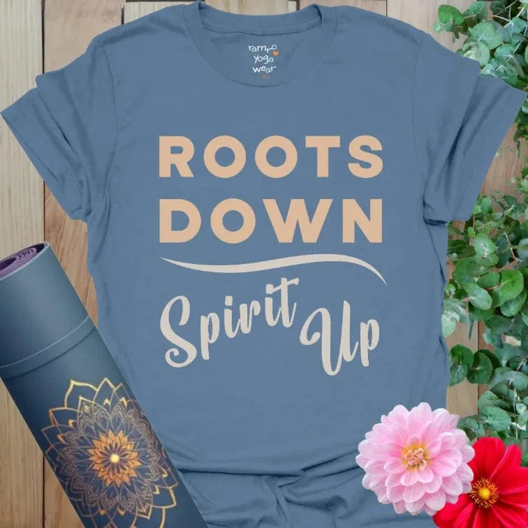 Vintage block and script yoga mantra design, calm earthy vibe on dusty blue tee.