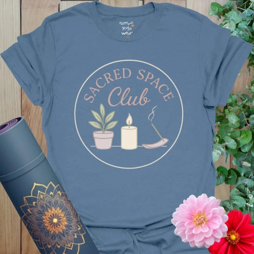 Indigo Blue Sacred Space T-Shirt with spiritual emblem art. A calming choice for wellness routines and mindful days.