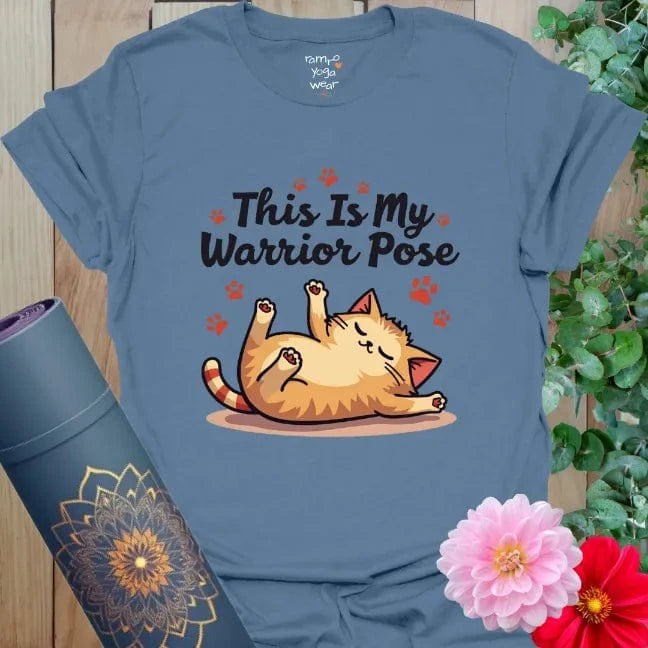 Indigo Blue Sleepy Warrior Cat T-Shirt showing cartoon cat in relaxed warrior pose with paw prints.