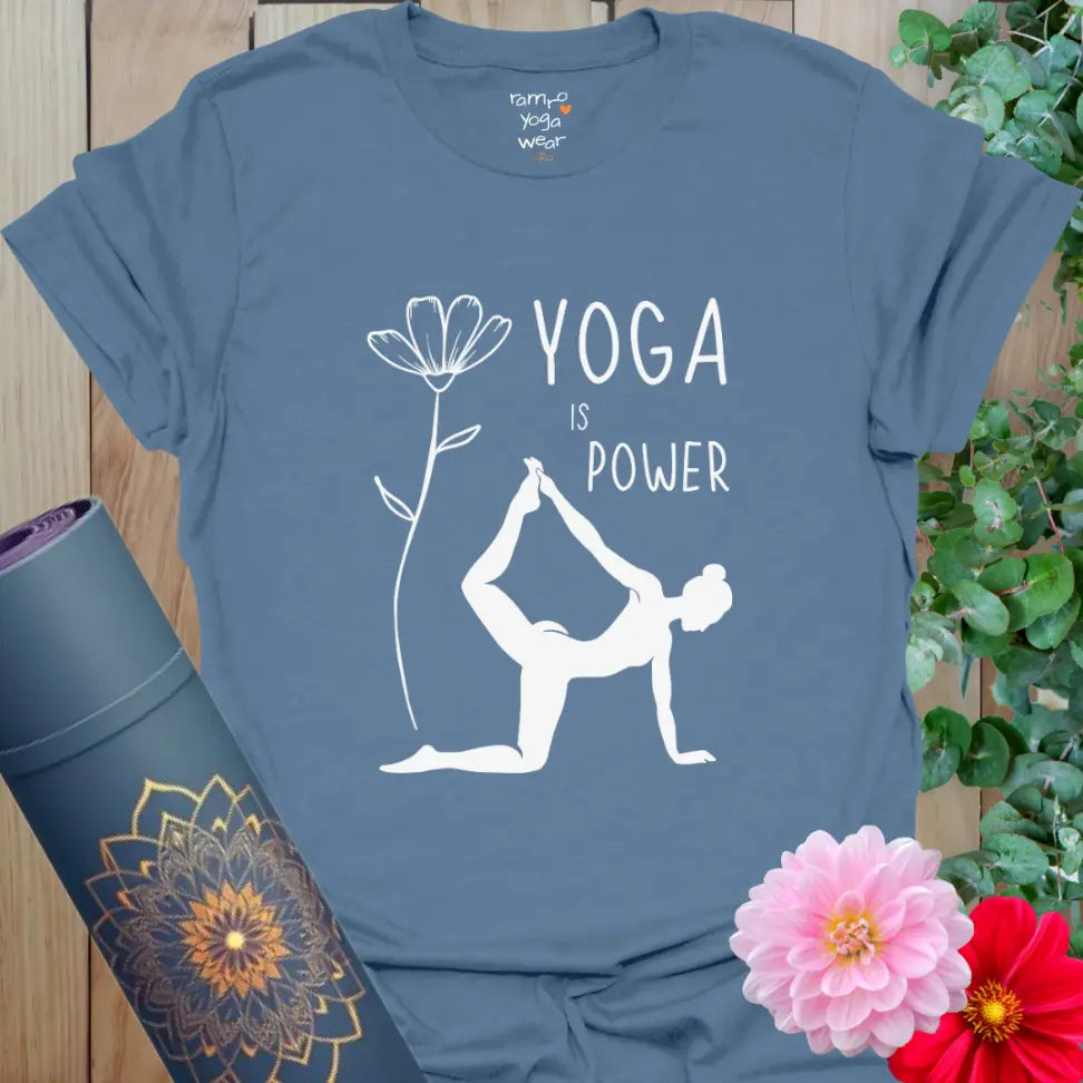 Indigo Blue Soft Power T-Shirt with yoga figure in Dancer’s Pose and floral artwork.