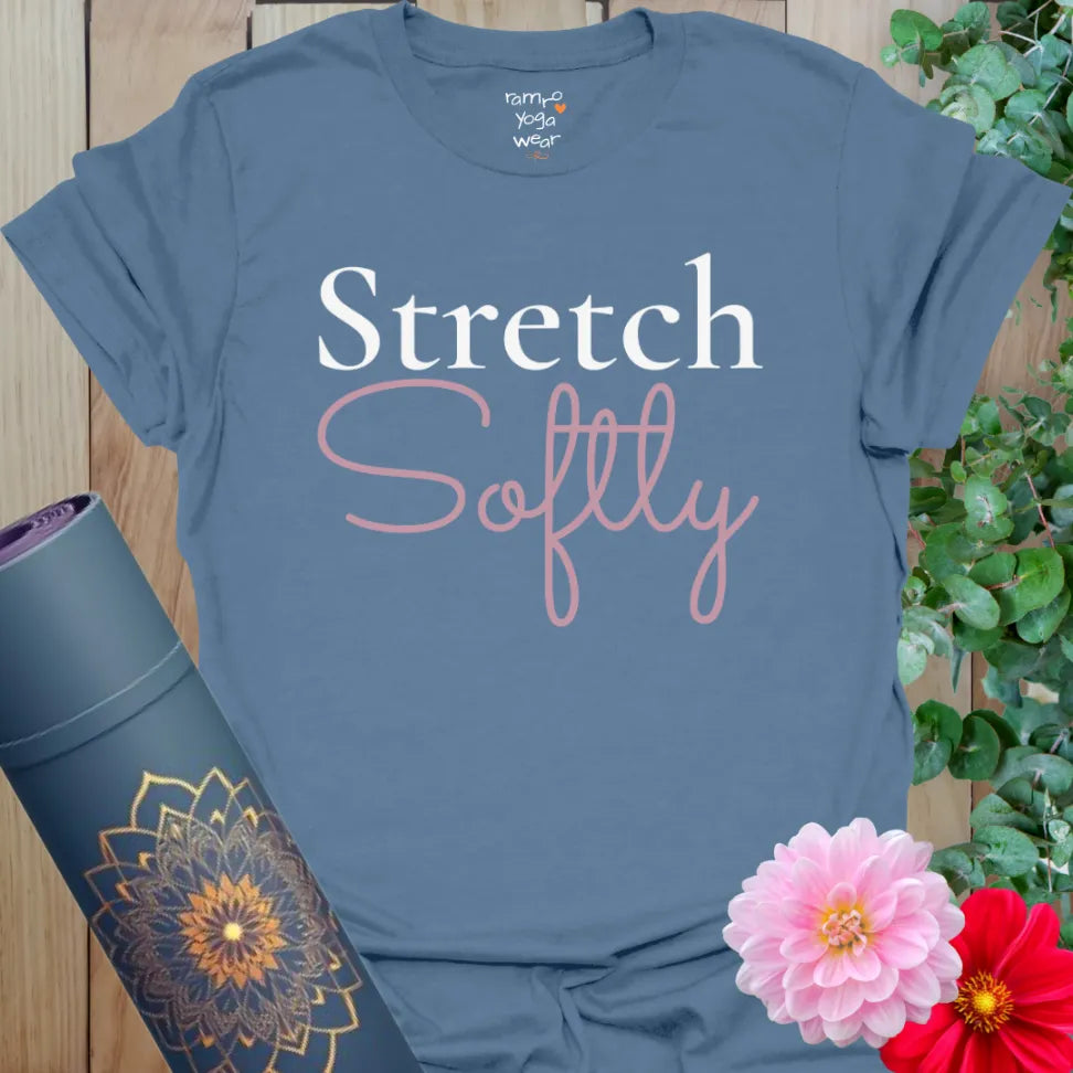 Indigo blue shirt with elegant white serif and pink script design. A grounding and gentle yoga lifestyle tee.
