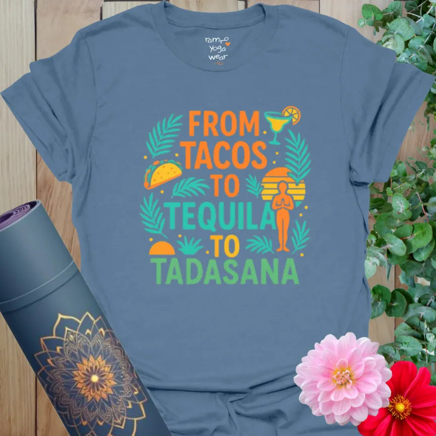 Indigo Blue Tequila T-Shirt with playful yoga and party print. Ideal for beachy flows and bold statements.