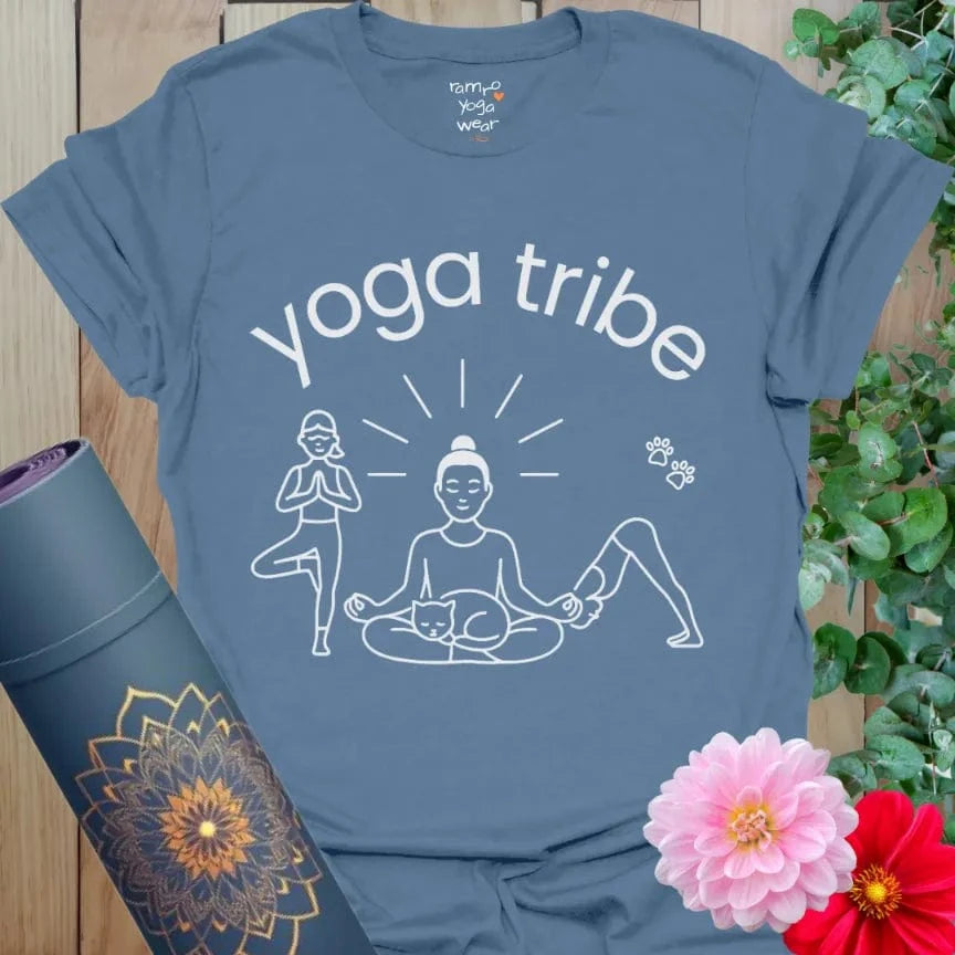 Indigo Blue Tribe T-Shirt with yoga-inspired design of yogis, meditation, and paw prints.