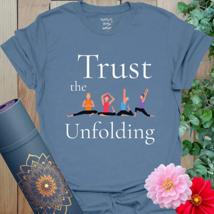 Indigo Blue Unfolding T-Shirt with soft yogic illustration and gentle affirmation to trust the process. A soulful tee for mindful living.