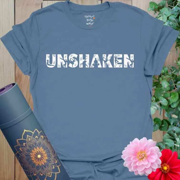 calm vintage distressed yoga graphic tee, gritty mindful mantra on soft dusty blue shirt.