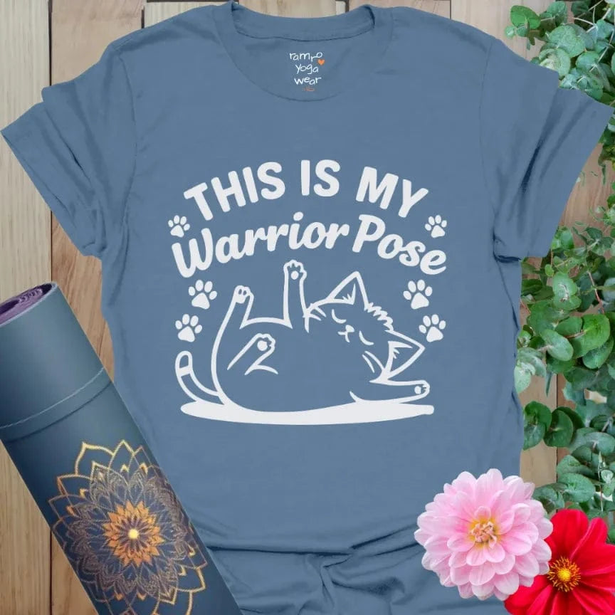 Indigo Blue Warrior Cat T-Shirt with whimsical cat graphic in “warrior pose.” Everyday yoga lifestyle wear.