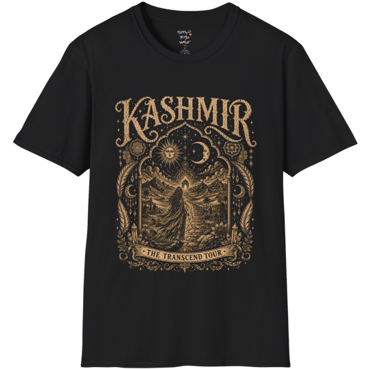 Woman before desert landscape in ornate mandala border with sun moon and sacred geometry engraving design — Sacred Thread collection by Ramro Yoga Wear — Black