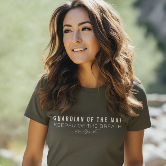 Woman wearing Keeper Military Green yoga teacher gift tee outdoors in natural light — Yoga Teacher Gifts collection by Ramro Yoga Wear