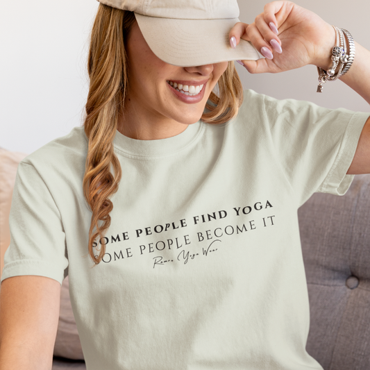 Woman wearing Known Citron color yoga teacher gift tee relaxing at home — Yoga Teacher Gifts collection by Ramro Yoga Wear
