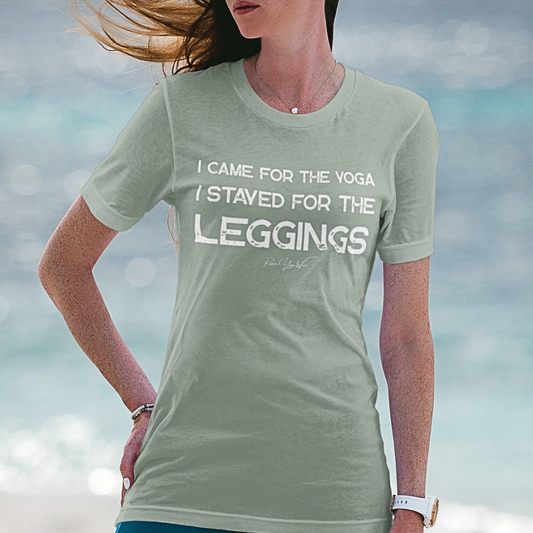 Woman wearing Leggings Sage funny yoga shirt at beach — Funny Yoga Shirts collection by Ramro Yoga Wear