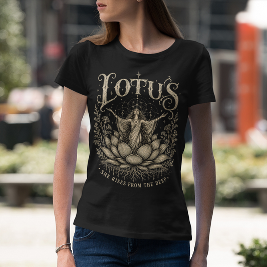 Woman wearing Lotus black sacred yoga shirt on city street — Sacred Thread collection by Ramro Yoga Wear