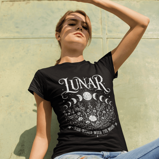 Ramro Yoga Wear Lunar tee in Black — moon phases wildflowers botanical vintage design, urban wall lifestyle shot