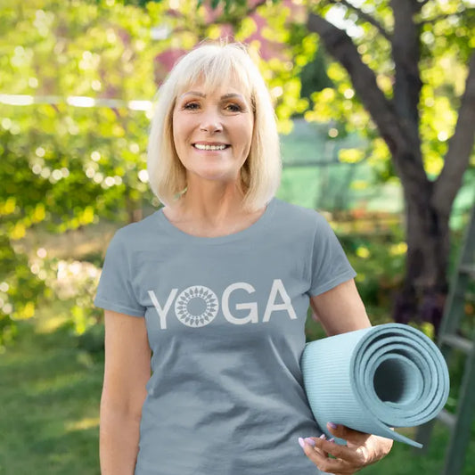 Woman wearing Mandala Yoga T-Shirt Stone Blue sacred yoga shirt outdoors in a relaxed setting — The Vault collection by Ramro Yoga Wear