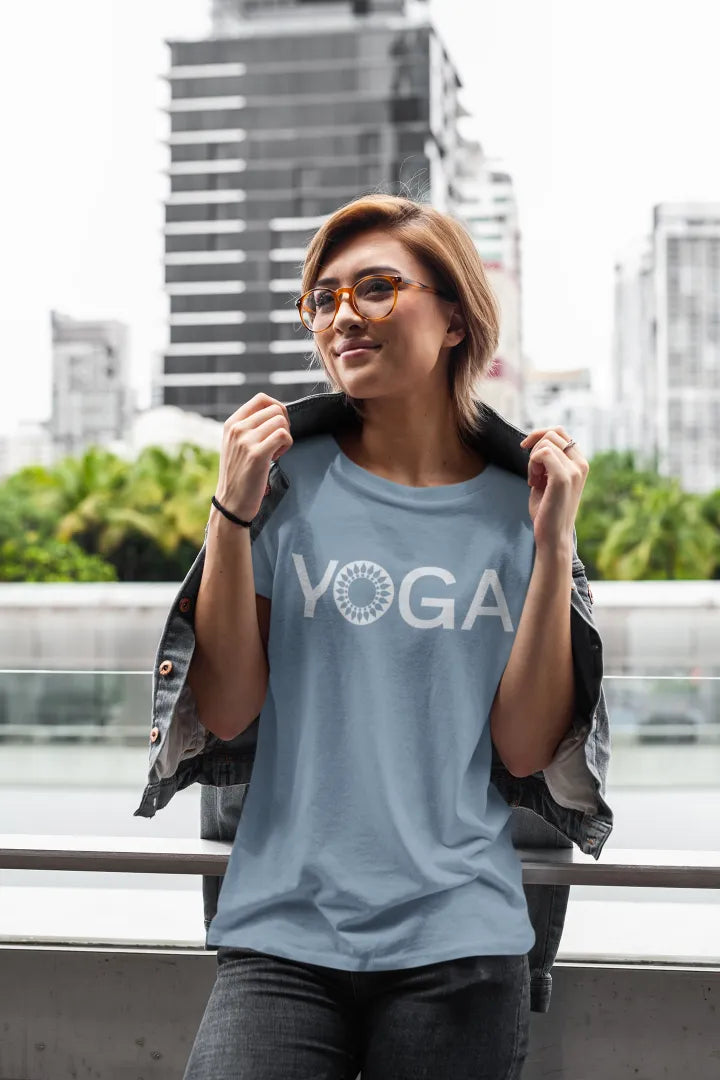 Stone Blue Mandala Yoga T-Shirt with sacred mandala print. Soft everyday yoga wear.