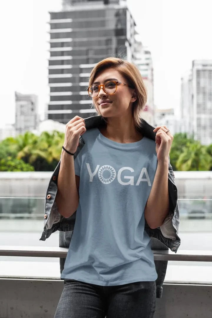 Stone Blue Mandala Yoga T-Shirt with sacred mandala print. Soft everyday yoga wear.