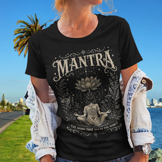 Woman wearing Mantra black spiritual yoga shirt outdoors by the water — Sacred Thread collection by Ramro Yoga Wear