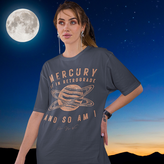 Woman wearing Mercury Heather Midnight Navy funny yoga shirt under full moon night sky — Funny Yoga Shirts collection by Ramro Yoga Wear