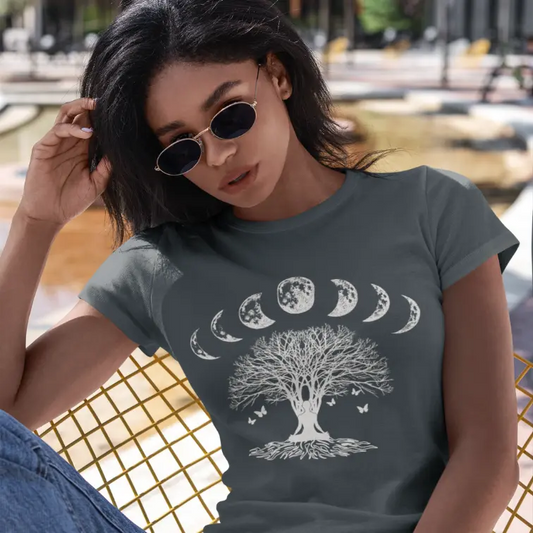 Woman wearing Moon Forest Heather Navy T-Shirt outdoors with sunglasses and woven bag — The Vault collection by Ramro Yoga Wear