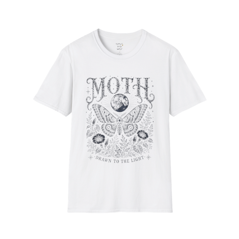 Ramro Yoga Wear Moth tee in White — moth moon botanical vintage engraving, flat lay product shot