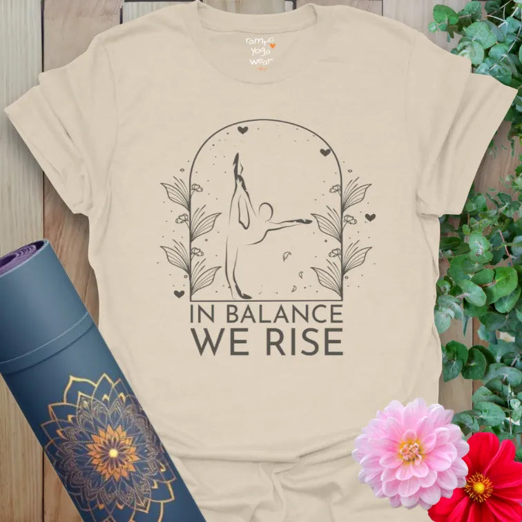 Natural color yoga tee with centered dancer’s pose and botanical frame. Earthy and empowering for quiet strength.
