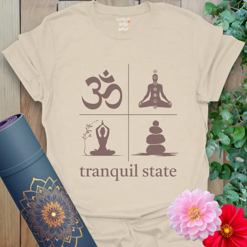 Earthy Natural color tee with subtle brown symbols for meditation, balance, and breath. Ideal for slow living.