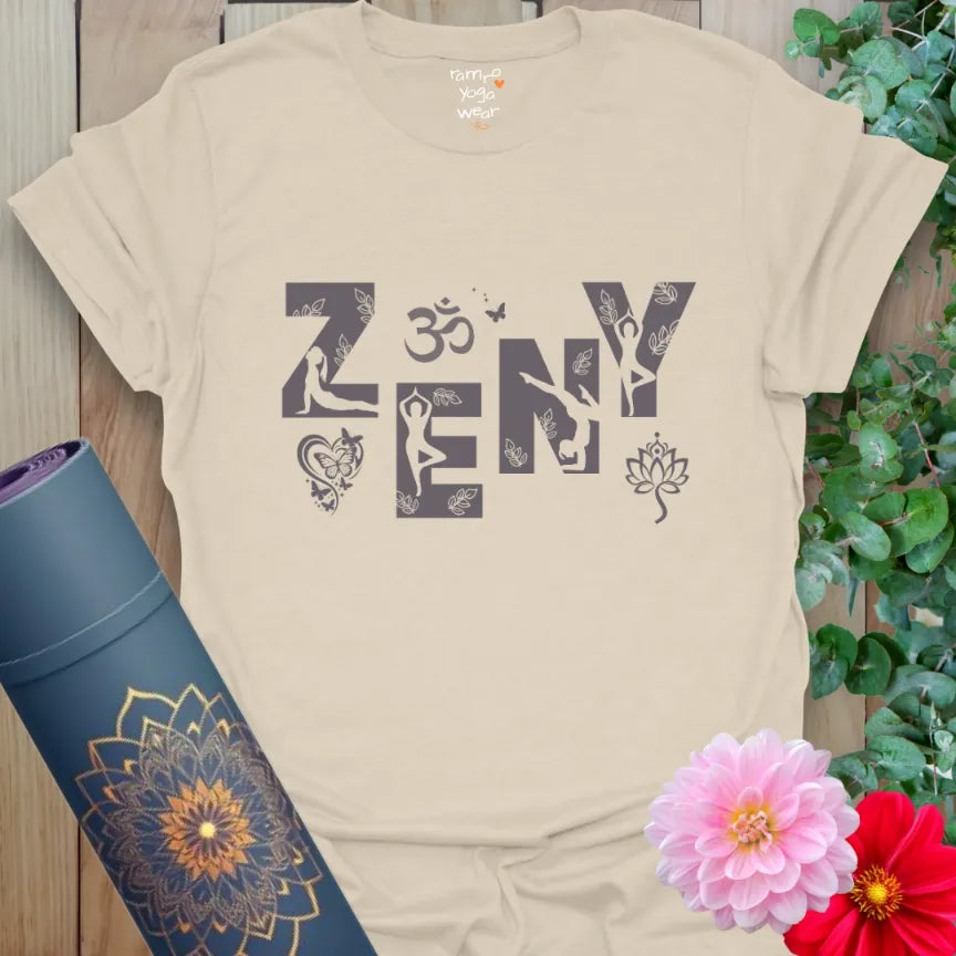 Natural Zeny T-Shirt with dark contrast yoga symbols, botanical flourishes, and peaceful energy inside bold block letters.