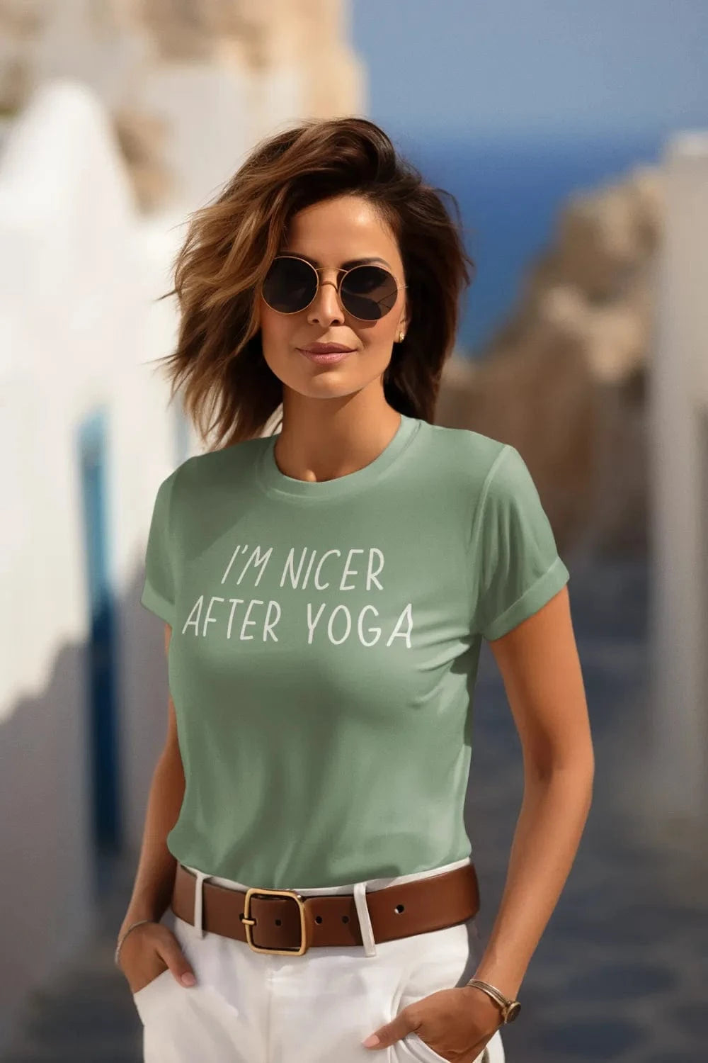 Sage green I’m Nicer After Yoga T-Shirt. Casual and playful everyday yoga top.