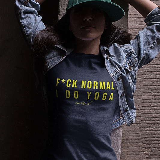Woman wearing Normal T-Shirt Heather Midnight Navy funny yoga shirt with denim jacket — Funny Yoga Shirts collection by Ramro Yoga Wear
