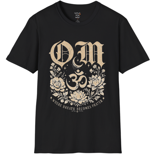 Black Om T-Shirt featuring sacred Om symbol artwork with grounded spiritual yoga-inspired styling.