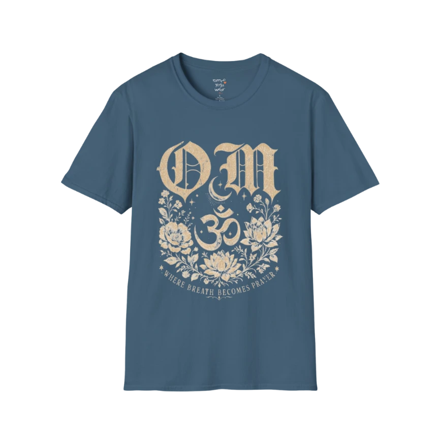 Indigo Blue Om T-Shirt featuring sacred Om symbol design with calm spiritual energy.