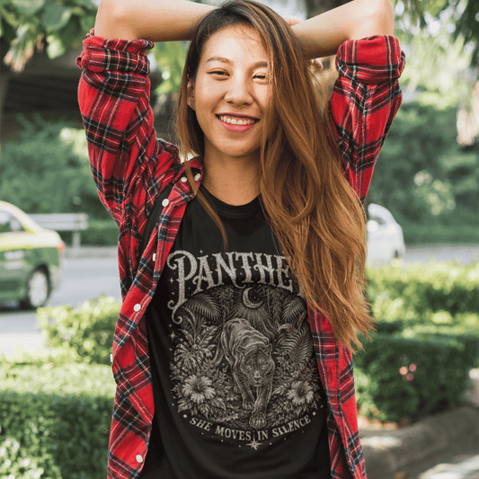Ramro Yoga Wear Panther tee in Black — jungle panther crescent moon botanical vintage design, outdoor park lifestyle shot