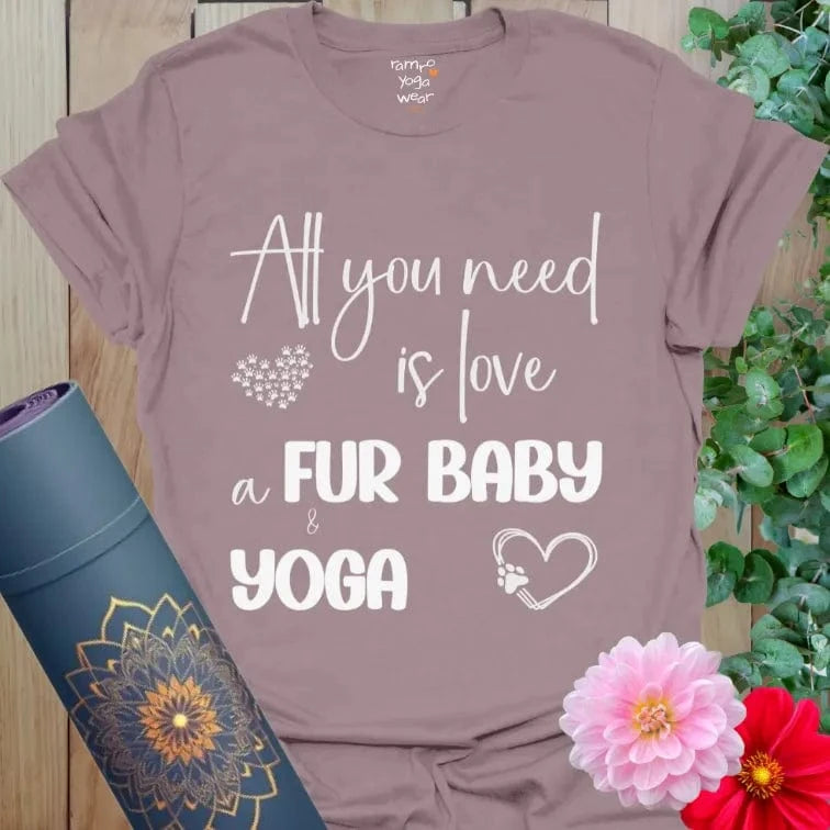 Grey-purple yoga tee with “All you need is love, a fur baby & yoga” text and paw heart design.