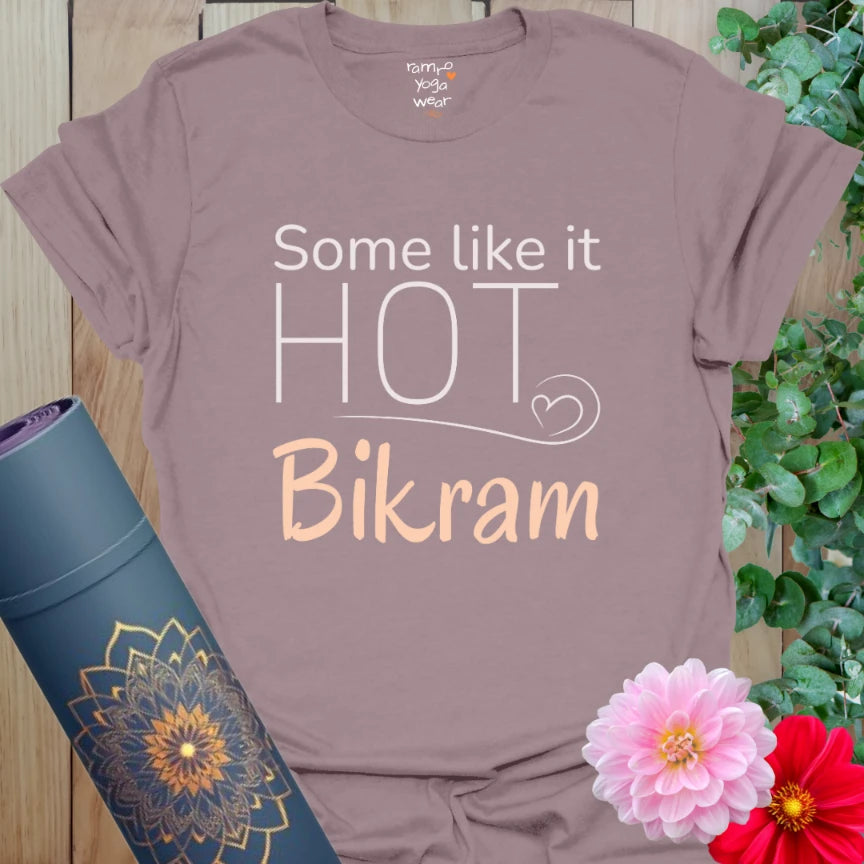 Paragon Bikram T-Shirt with “Some Like It Hot – Bikram” quote in script and block fonts. Bold yoga tee for hot flow fans.