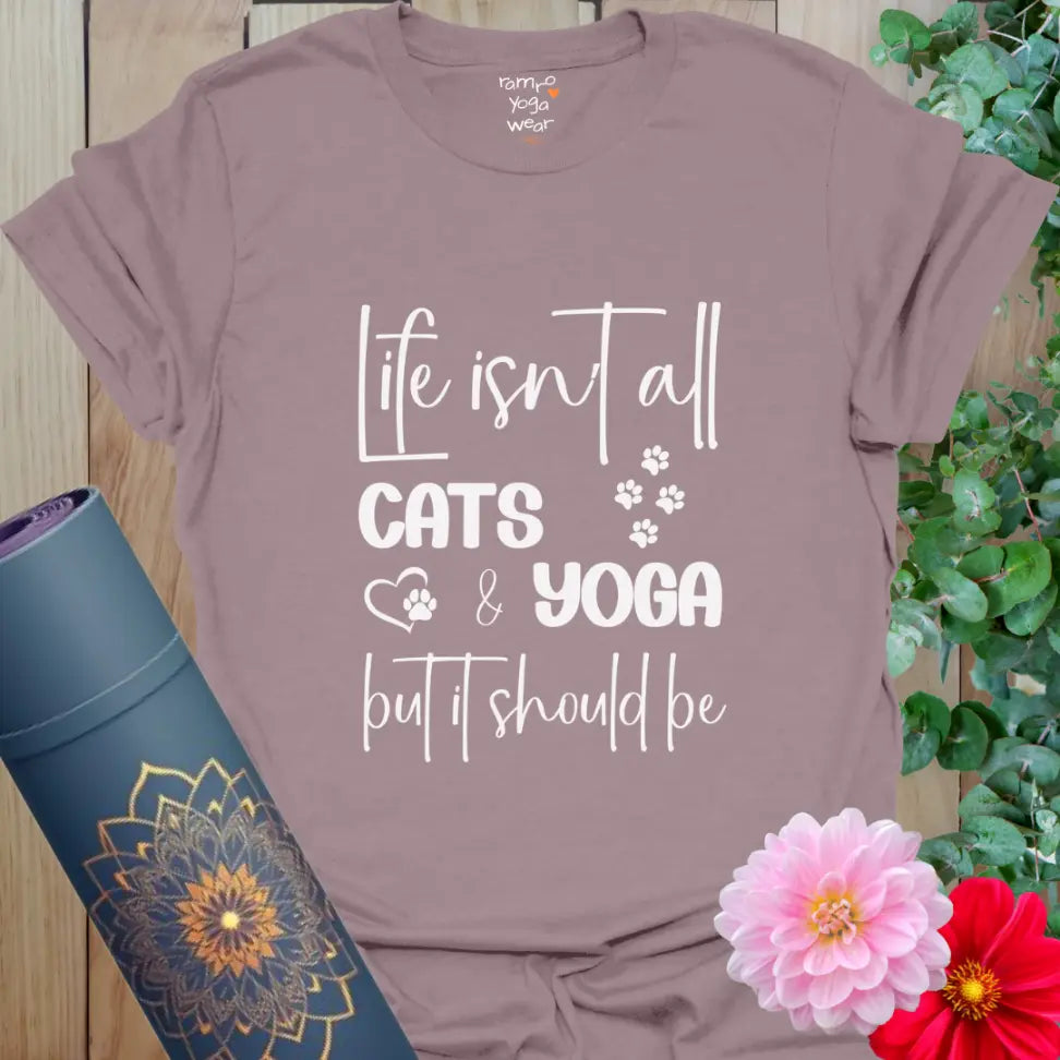 Paragon Cat Yoga T-Shirt with playful paw prints and heart design. Soft cotton yoga shirt for cat lovers.