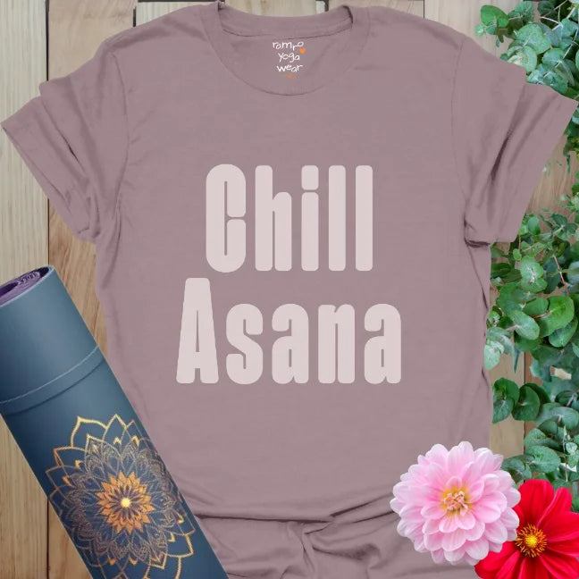 Muted purple Paragon tee with big block font reading “Chill Asana.” Funny, chill, and yoga-ready.