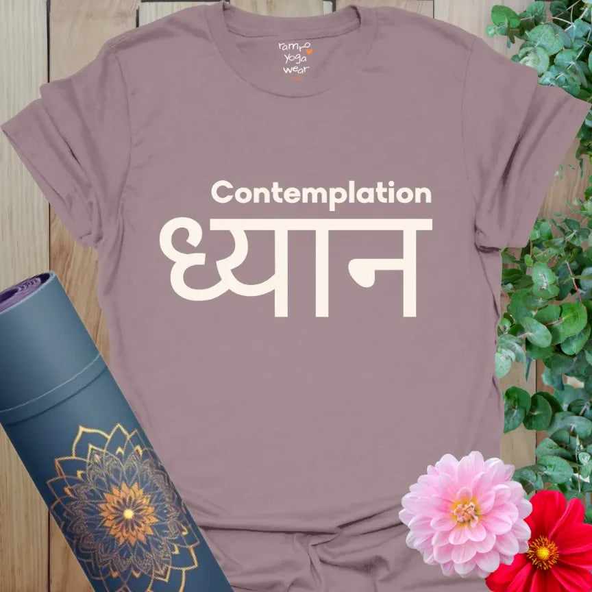 Paragon dusty mauve tee with cream “Contemplation” and Sanskrit dhyāna text. Elegant, thoughtful yoga wear.