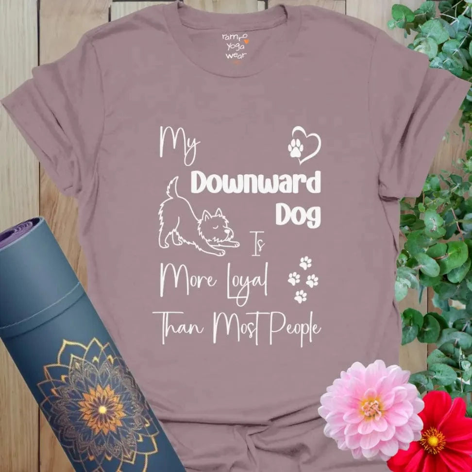 Paragon Dog Loyal T-Shirt with fun yoga design and Westie illustration showing Downward Dog loyalty.