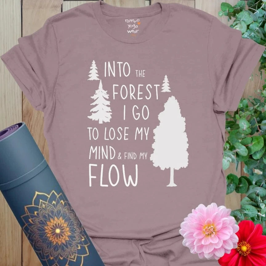 Paragon Forest T-Shirt with nature quote and trees. Earthy yoga tee for outdoor calm and mindful forest vibes.