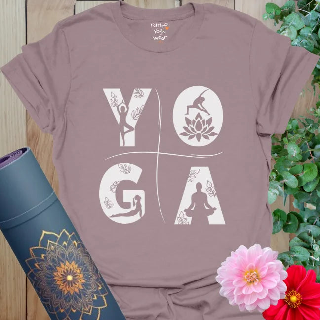 Paragon-colored tee with white yoga graphic and leafy details. Clean, balanced, and uplifting design.