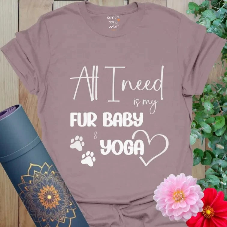 Paragon Fur Baby T-Shirt with paw prints, heart, and yoga quote. Crew neck cotton yoga lifestyle shirt.