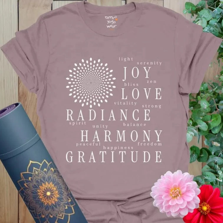 Neutral Paragon-toned gratitude shirt with empowering words and mindful energy design.