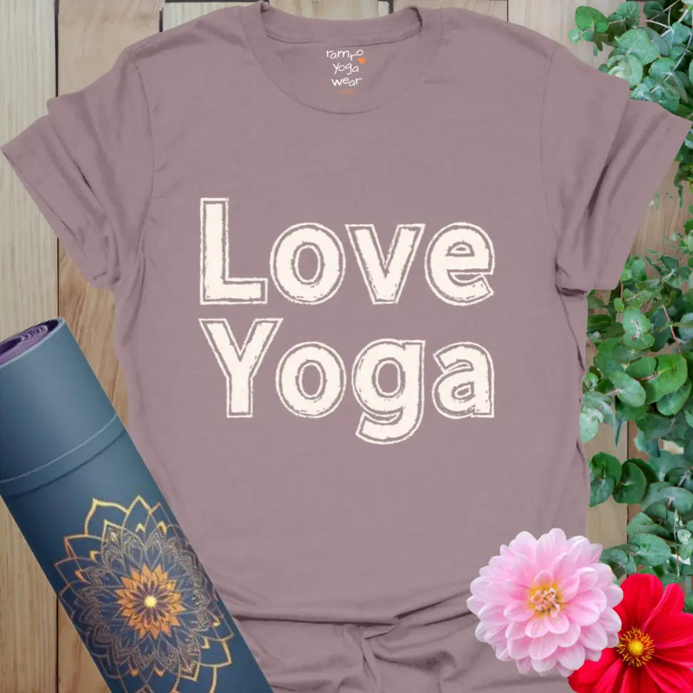 Paragon Love Yoga T-Shirt with minimalist distressed lettering, a stylish yoga lifestyle shirt.