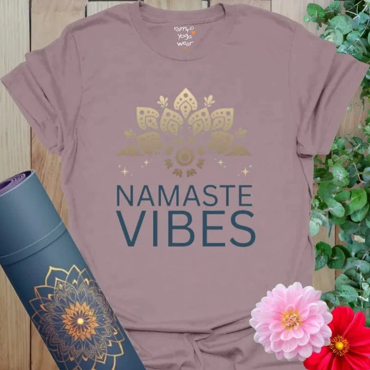 Paragon Namaste Vibes T-Shirt with shimmering gold mandala and Namaste Vibes text. Mindful fashion for yoga and meditation.