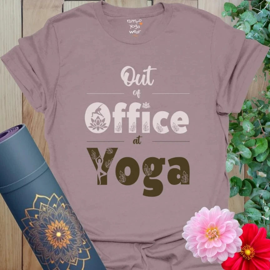 Paragon Out Of Office T-Shirt in muted mauve tones with yogi icons and floral accents. A soulful statement for unplugged time and flow state living.