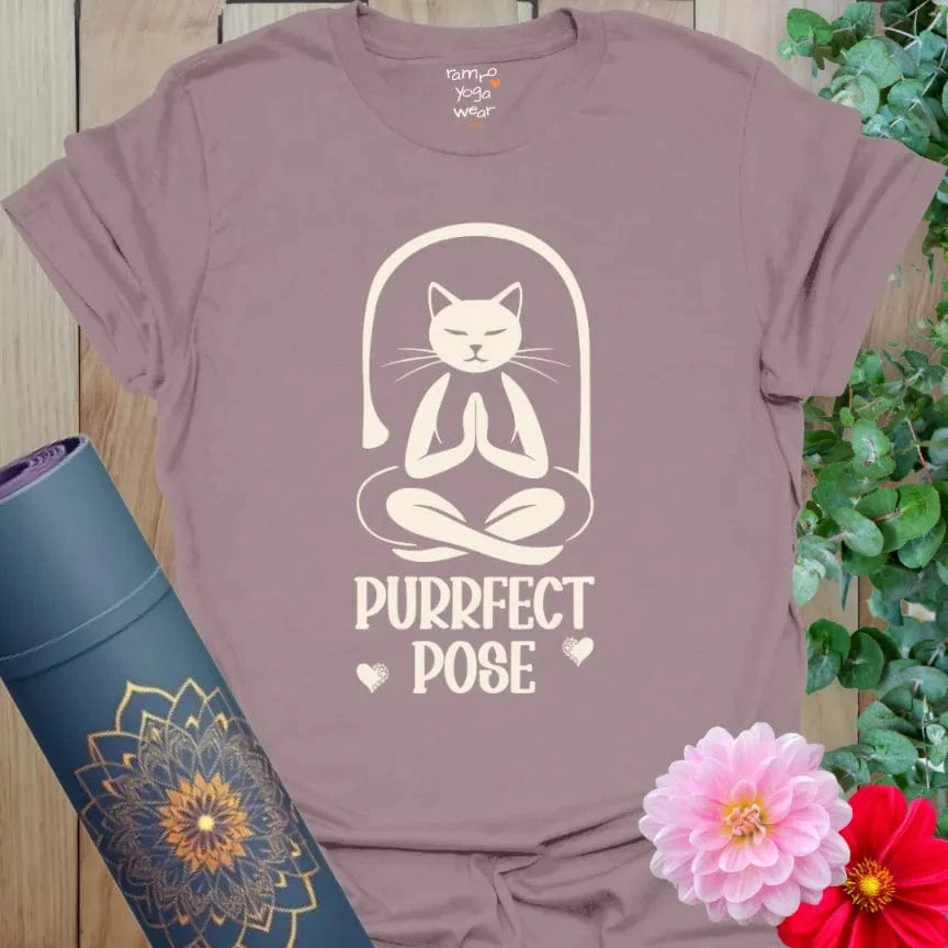 Paragon Purrfect Pose T-Shirt featuring a calm cat in Tree Pose with “Purrfect Pose” text. Yoga cat tee for mindful movement and balance.