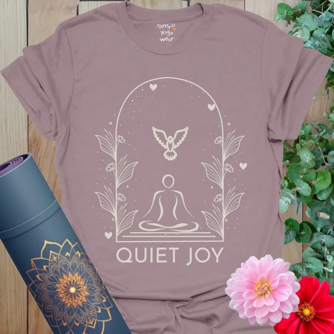 Paragon Quiet Joy T-Shirt with meditating figure, dove, and floral arch — a calming yoga graphic for peaceful souls.