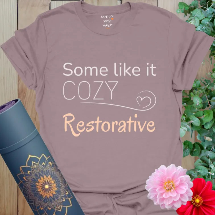 Paragon-toned Restorative tee with soft cozy-style script. A peaceful choice for deep rest and quiet practice.