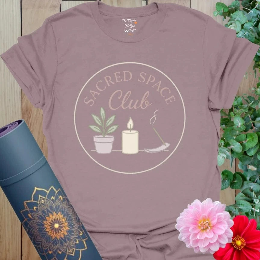 Paragon Sacred Space T-Shirt with soft round emblem featuring candle, plant, and incense. Ideal for mindful living and yoga lovers.